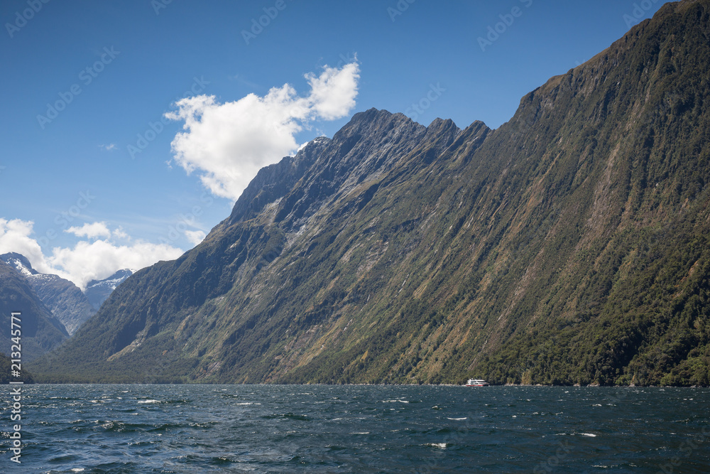 View of the incredible scenery on a cruise around Milford Sound, south island New Zealand