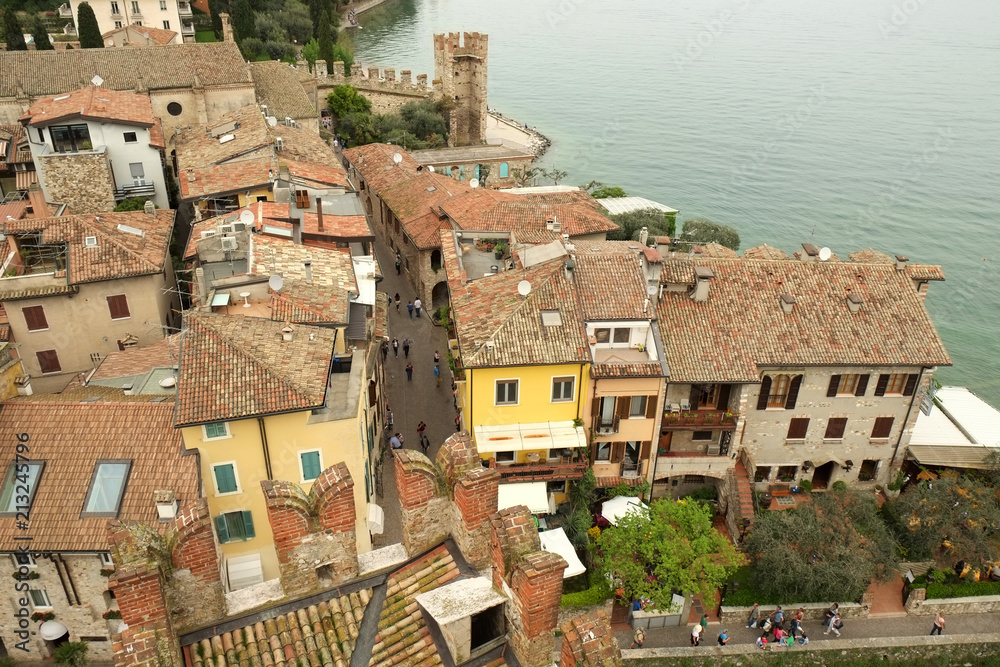 The view of Sirmione city from Medieval fortress walls, Italy