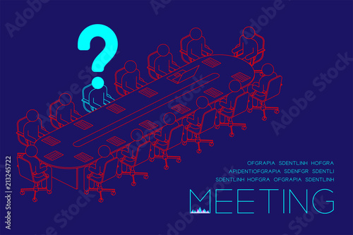 Question mark with doubt man icon pictogram in boardroom, Business issues: Meeting concept banner page layout design illustration isolated on dark blue background, with copy space