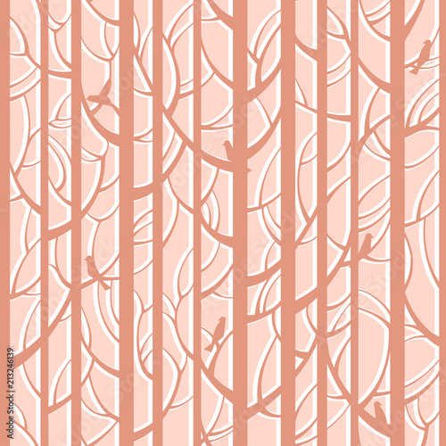 Trees woods seamless stripes pattern. Forest trees with birds, branches and leaves