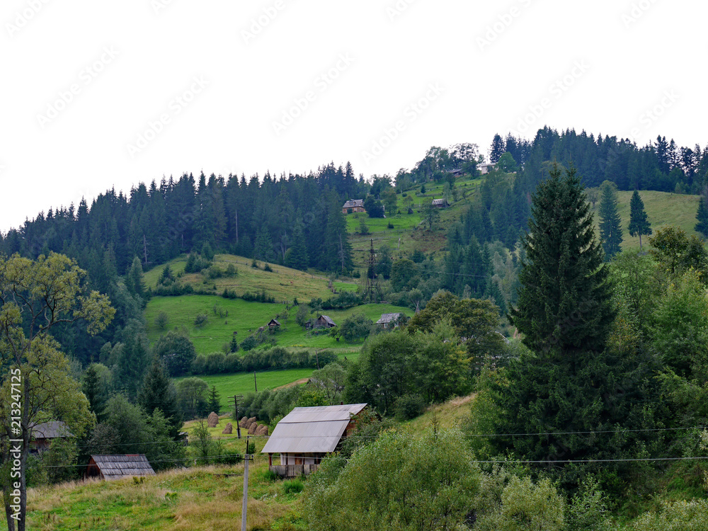 Small rural houses located in a chaotic order along the hillside among green trees and bushes.