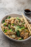 noodles with chicken, shimeji mushrooms and bok choy