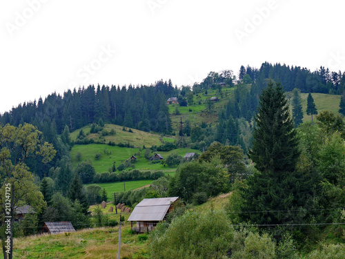 Small rural houses located in a chaotic order along the hillside among green trees and bushes.