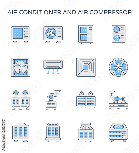 Air conditioner icon i.e. air compressor, condenser unit, ventilation, duct, cooling tower and chiller. That is a part of HVAC system to remove heat and moisture, temperature and humidity control.