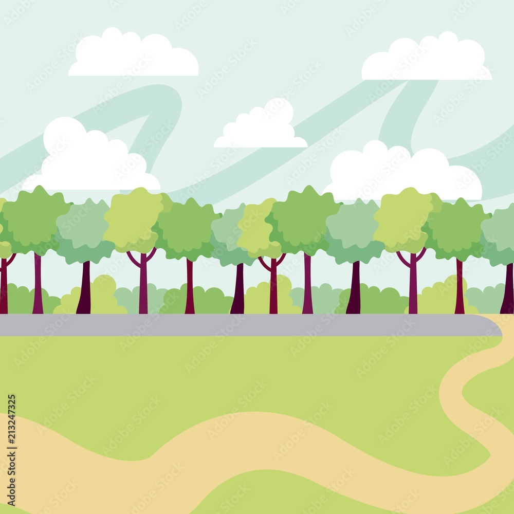 park sunny day clouds many trees vector illustration