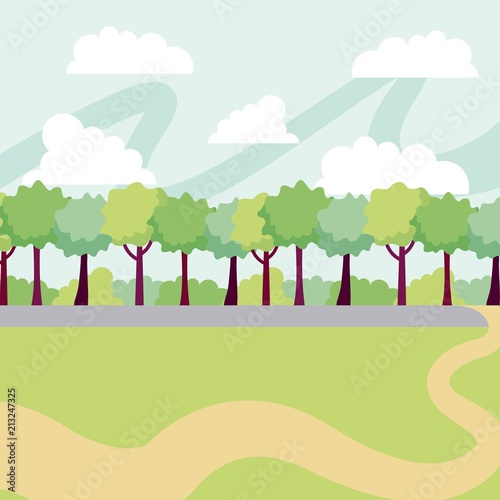 park sunny day clouds many trees vector illustration