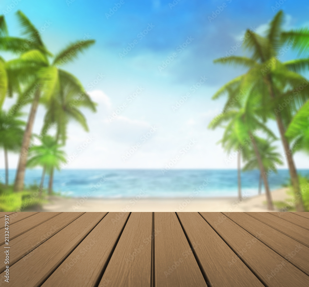 wooden deck with tropical palms background