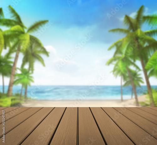 wooden deck with tropical palms background