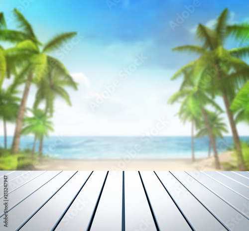 wooden white deck with tropical palms background