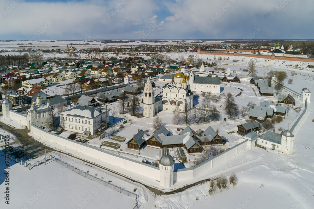 Winter in Russia. Suzdal, the Golden Ring of Russia. Aerial view of the Intercession Monastery in the winter.