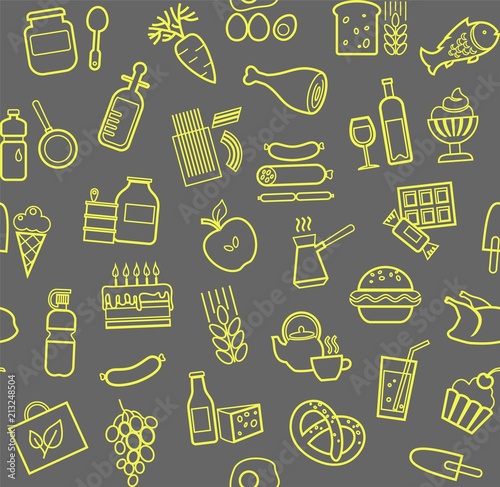 Food, seamless pattern, contour, gray-yellow, grocery store, vector. Food and drinks, production and sale. Vector background. Yellow line icons on the grey box.  