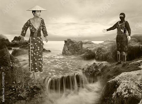 3D Illustration of Sepia Tone Sunrise Waterfall Scene