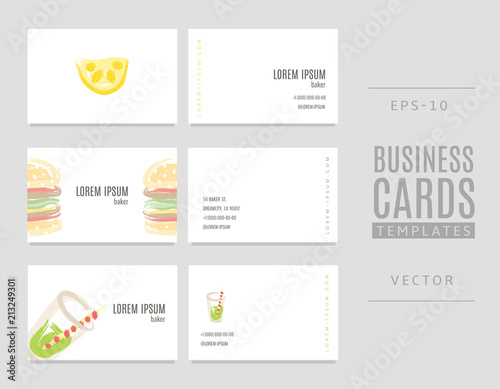 Business cards for bakers, shops and confectioneries with lemon, hamburger and soda.