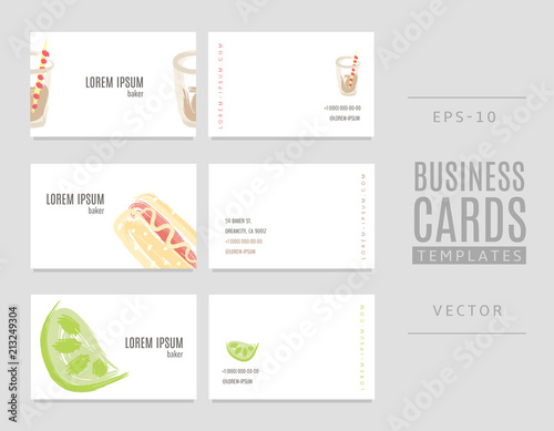 Business cards for bakers, shops and confectioneries with lime, hot dog and soda.