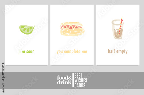 Greeting cards with lime, hot dog and soda with inscriptions: 