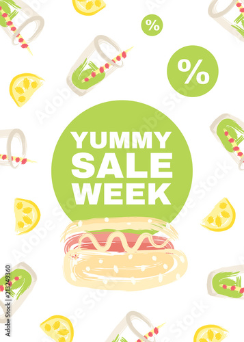Poster with hot dog, sweet soda water and lemon slices. Discount offer with inscription: 