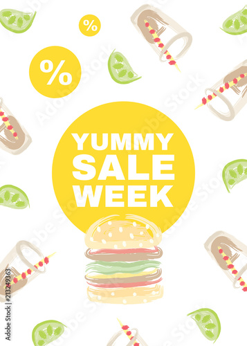 Poster with hamburgers, sweet soda water and lemon slices. Discount offer with inscription: 