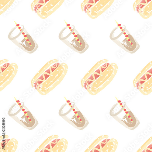 Seamless pattern with glasses of sweet soda water and hot dogs. Hand drawn vector illustration.
