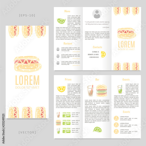 Tri-fold brochure with hand drawn lemon, hamburger, hot dog and soda.