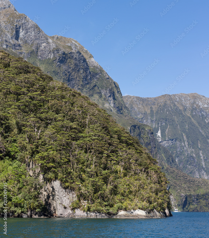 Beautiful scenery on a perfect summer day at Milford Sound, south island New Zealand