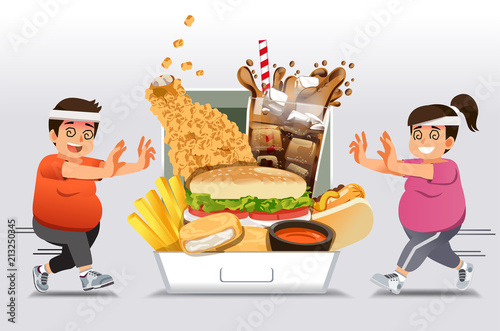 Exercise barriers for who Familiar with eating fast food want to lose weight. People give up a diet or exercise and happy return to junk food again. like a fat. photo