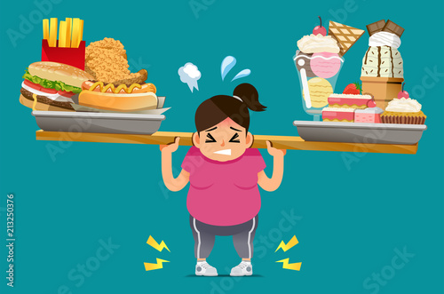 The food that is not useful causes a penalty. People unhealthy body from eating junk food. Physical problems of obesity.