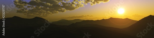 Silhouettes of mountains at sunset. Panorama of the hills at sunset. Silhouettes of the hills at sunset. 