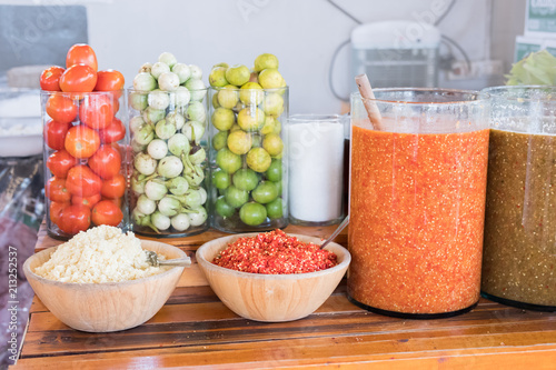 Papaya salad ingredient and spicy seafood dipping sauce in Thai style.