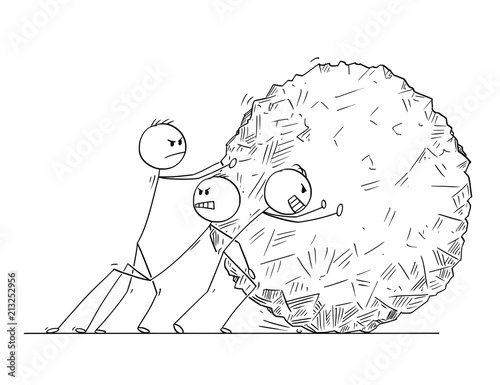 Cartoon stick man drawing conceptual illustration of team of businessmen pushing big stone ball or rock. Business concept of teamwork and cooperation.