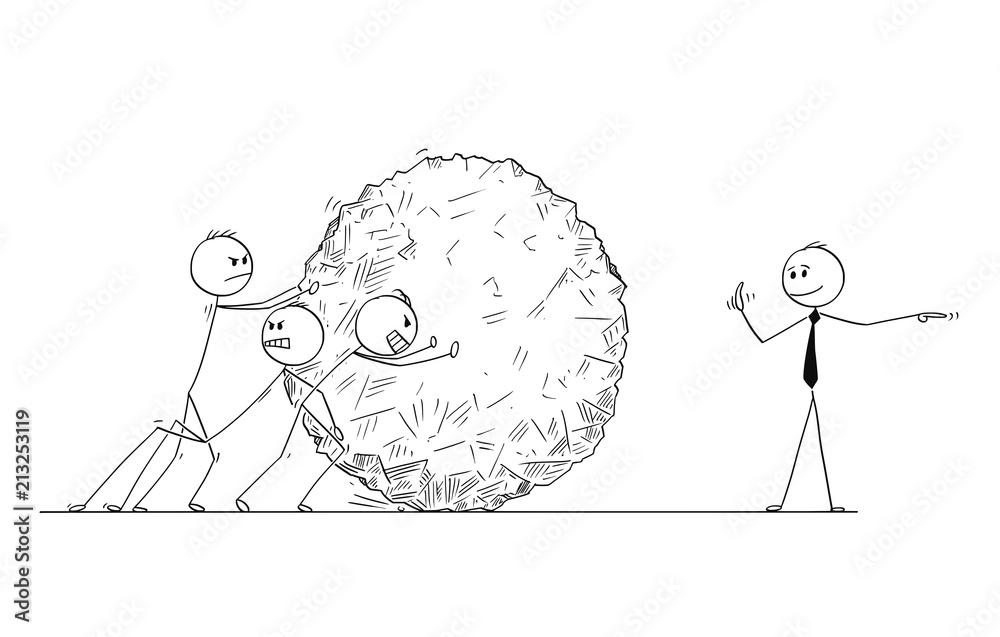 Cartoon stick man drawing conceptual illustration of team of businessmen  pushing big stone ball or rock while manager is just giving orders.  Business concept of teamwork and leadership. Stock Vector | Adobe