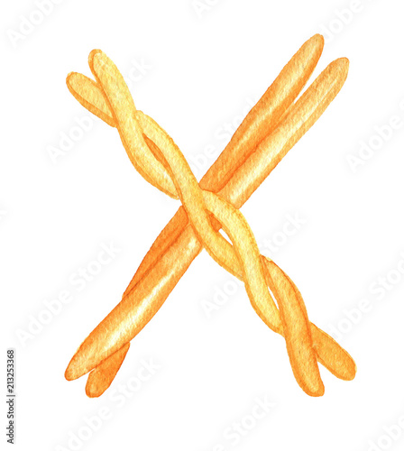 Crossed bread baguette as the letter "X". Watercolor. Isolated on white background