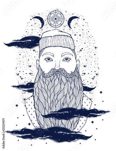 Hand Drawn vintage hipster sailor beard portrait. Old tatoo seaman. Man is an ideal art for print,coloring book, posters, t-shirts and textiles. Mystical image marine.