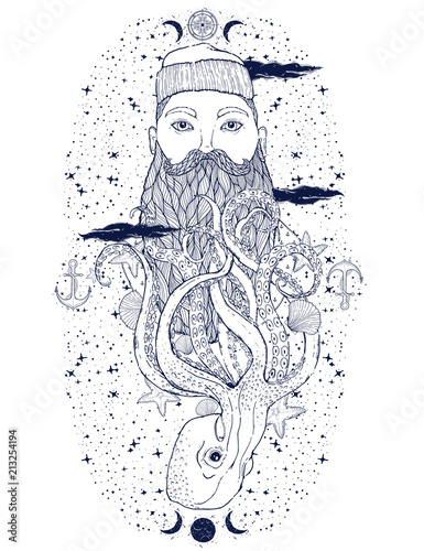 Hand Drawn vintage hipster sailor beard portrait. Old tatoo seaman. Man is an ideal art for print,coloring book, posters, t-shirts and textiles. Mystical image marine.