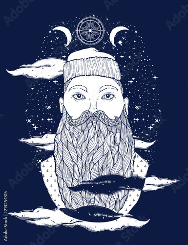 Hand Drawn vintage hipster sailor beard portrait. Old tatoo seaman. Man is an ideal art for print,coloring book, posters, t-shirts and textiles. Mystical image marine.