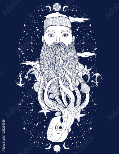 Hand Drawn vintage hipster sailor beard portrait. Old tatoo seaman. Man is an ideal art for print,coloring book, posters, t-shirts and textiles. Mystical image marine.