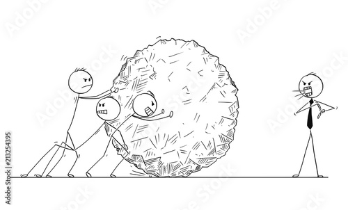 Cartoon stick man drawing conceptual illustration of team of businessmen pushing big heavy stone ball or rock, while manager is yelling and scolding them. Business concept of teamwork and leadership.