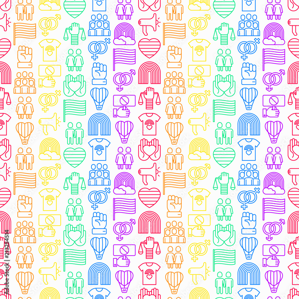 LGBT seamless pattern with thin line icons: gay, lesbian, rainbow, coming out, free love, flag, support, stop homophobia, LGBT rights, pride day. Modern vector illustration.