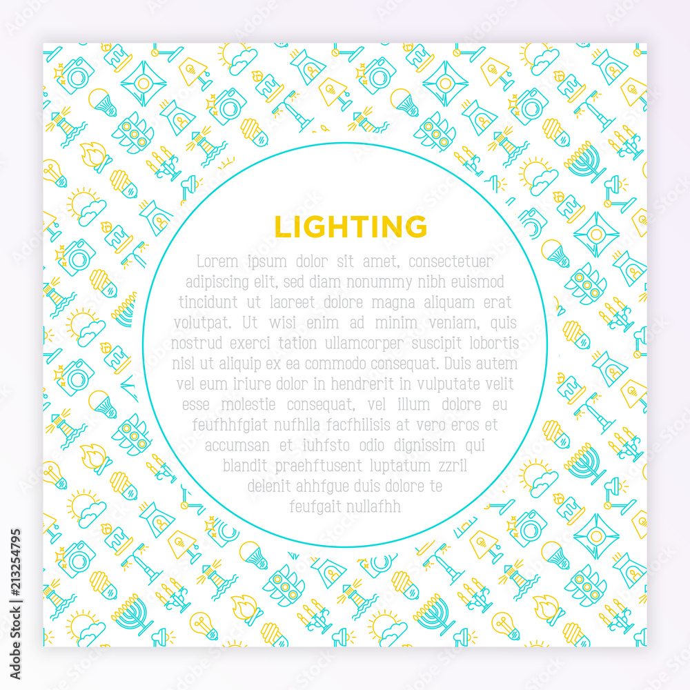 Lighting concept with thin line icons: bulb, LED, CFL, candle, table lamp, sunlight, spotlight, flash, candelabrum, bonfire, menorah, lighthouse, aroma lamp. Vector illustration, print media template. Lighting concept with thin line icons: bulb, LED, CFL, candle, table lamp, sunlight, spotlight, flash, candelabrum, bonfire, menorah, lighthouse, aroma lamp. Vector illustration, print media template.