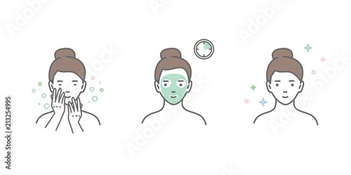 Steps how to apply facial mask. Vector line illustrations set isolated.