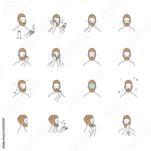 Middle aged man use facial cleansing foam, men s skin care, cartoon illustration, isolated.