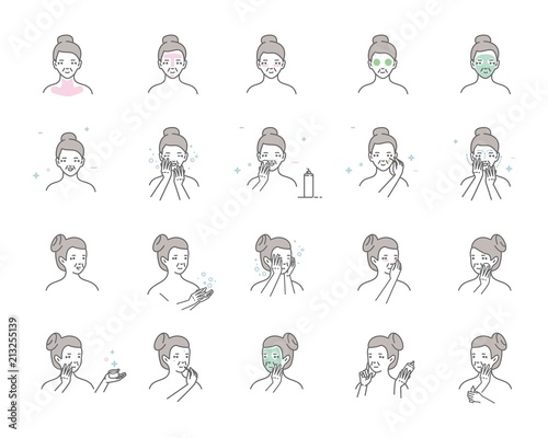 Woman take care about face. Steps how to apply facial serum. Vector isolated illustrations set.