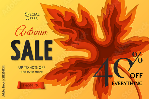 Autumn sale banner with carving art of maple leaf. 3D realistic fall background in paper cut style for design of flyers with discount offers. File contains clipping mask.