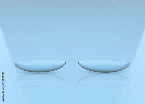 3d rendering. Thin clear contact lens on light blue copy space background.