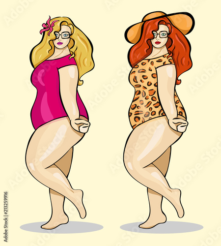 The plump girl. Cute chubby. Summer girl, sexy women, Vector