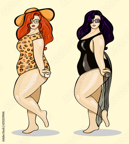 The plump girl. Cute chubby. Summer girl, sexy women, Vector