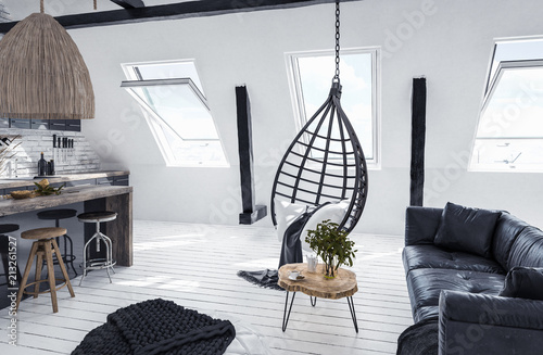 Modern open-plan apartment in attic, loft style, 3d render photo