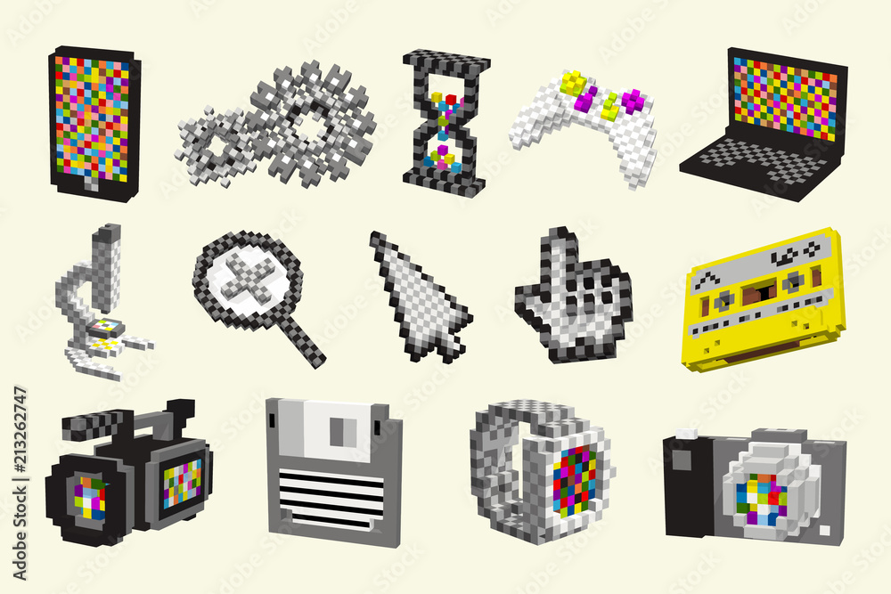 Fototapeta premium Different symbols for internet communication, smart intelligent custom tools. Pixel art ,3d cubes Icons