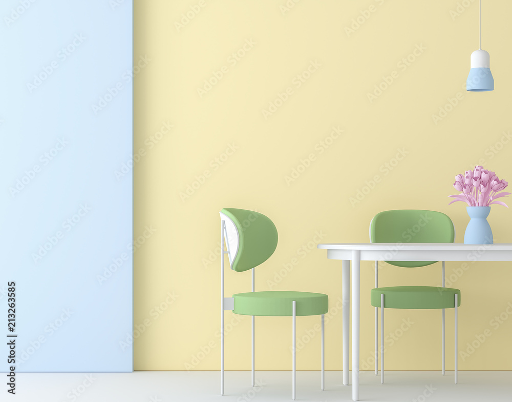 Modern colorful dining room 3d render,Decorate wall with pastel color