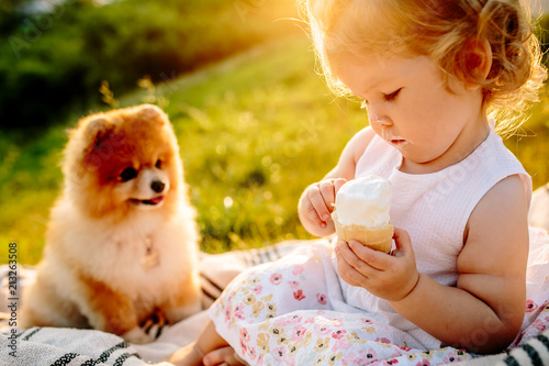 a little girl with ice cream sitting on a blanket in the Park at sunset. Dog looks at it © matilda553