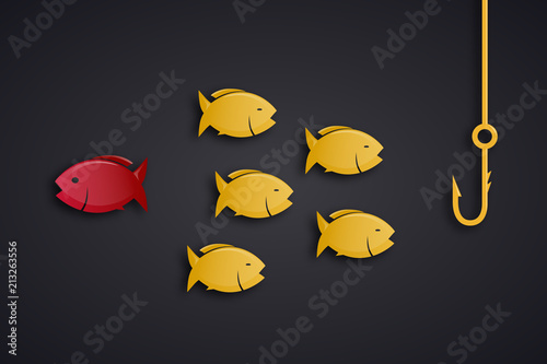 School of fish and fishing hook think different vector illustration